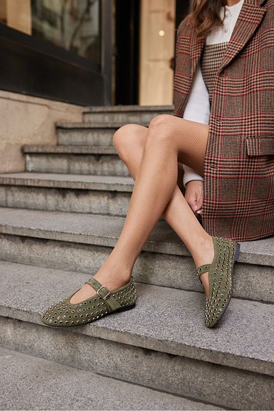 ANGELİNA JONES Gallo Women's Green Real Suede Full Stone Shoes
