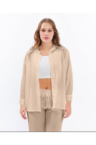 İkmal Σετ γυναικείο μακρυμάνικο πουκάμισο IKMAL Strawberry Fabric Wrinkled Seasonal Lycra