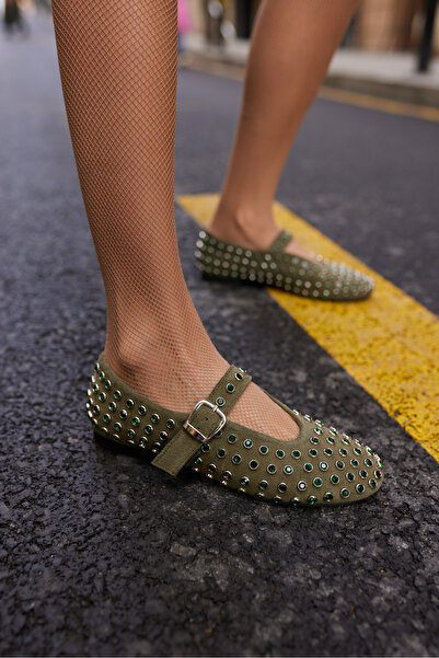 ANGELİNA JONES Gallo Women's Green Real Suede Full Stone Shoes