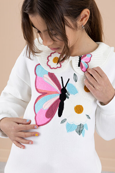 Cansın Mini Ecru Butterfly Embroidery Lace Collar Raster Girls' Tracksuit Set 20240