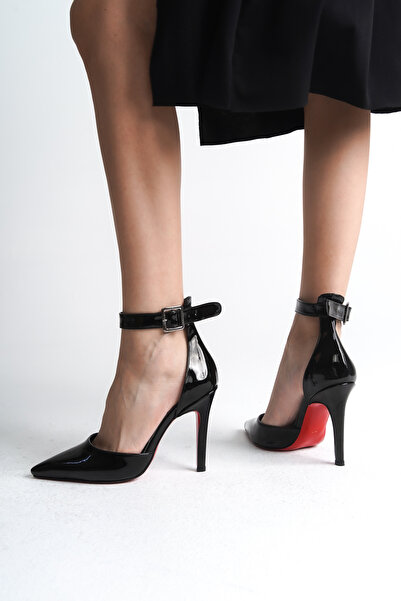 Ayakkabı Ateşi Siyah Rugan Sivri Burun Kadın Topuklu Ayakkabı Stiletto Sage