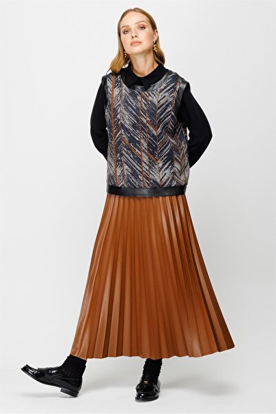 Esswaap Pilisoley Deri Etekli Tunik Süeter Takım Taba