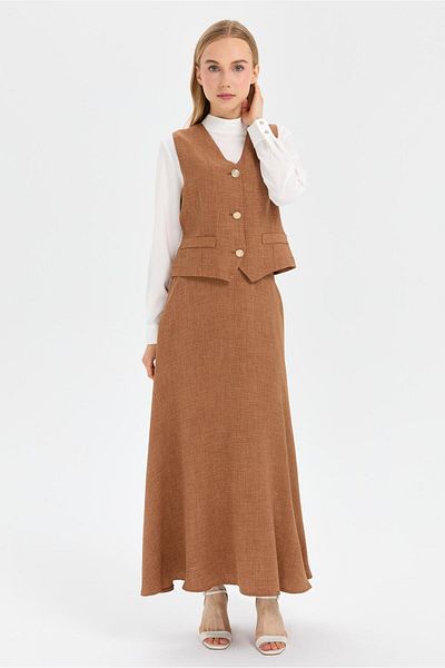 Esswaap Camel Vest and Skirt Blouse Set