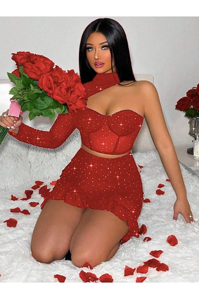 randevu Red Glitter Lined Cuped Attractive Nightgown Set