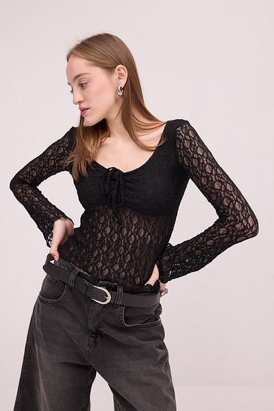 Addax Gathered Front Lace Sheer Blouse B17002-N4