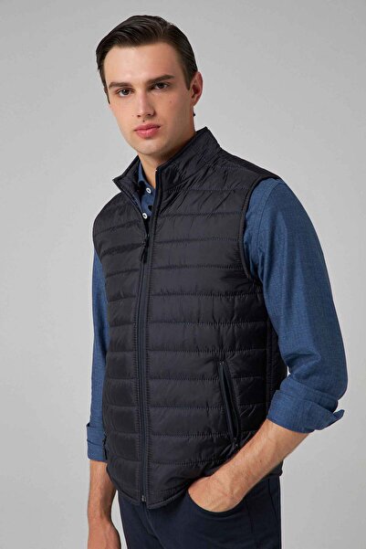 D'S Damat Navy Blue Regular Fit Stand Collar Fiber Filled Zippered Seasonal Vest Coat