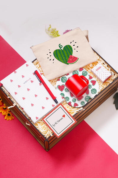 TrendHediye Sevgililer Günü Karpuz Desen Hediye Seti & Makyaj Çantası, Defter, Kalem, Fincan,