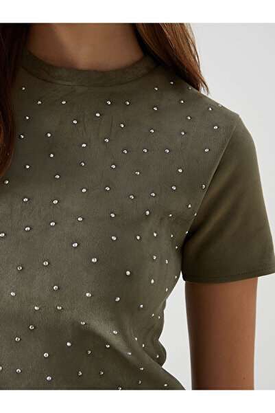 LC Waikiki Γυναικείο φόρεμα LCW Comfort Khaki με λαιμόκοψη και πέτρες