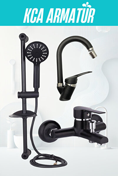 KCA ARMATÜR Kca Siyah Fonksiyonlu Sürgülü Duş, Oynar Başlıklı Lavabo, Banyo B...