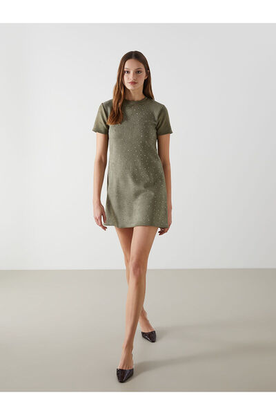 LC Waikiki Γυναικείο φόρεμα LCW Comfort Khaki με λαιμόκοψη και πέτρες