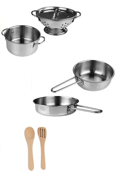 welcomein Toy 8 Piece Steel Pot Pan Set with Shelf and Stand
