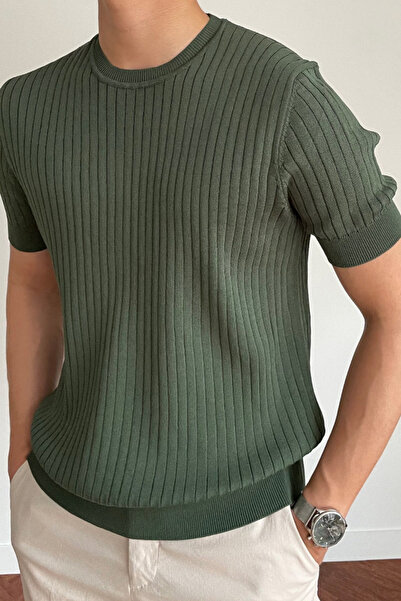 Tarz Cool Men's Khaki Ribbed Slim Fit Crew Neck Knitwear T-Shirt