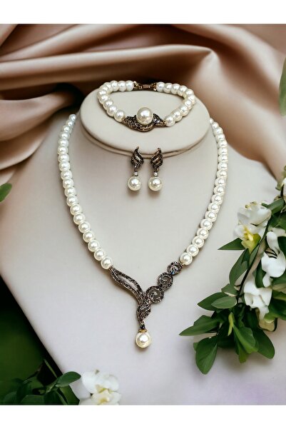 FAYRA ACCESSORIES Zirkon Taşlı Tek Sıra İnci Kolye İnci Küpe ve İnci Bileklik...