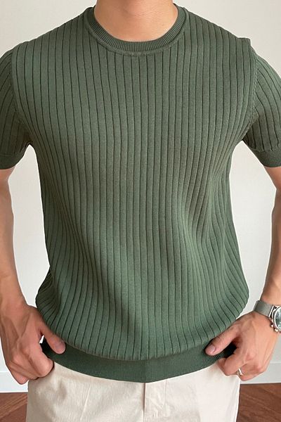 Tarz Cool Men's Khaki Ribbed Slim Fit Crew Neck Knitwear T-Shirt