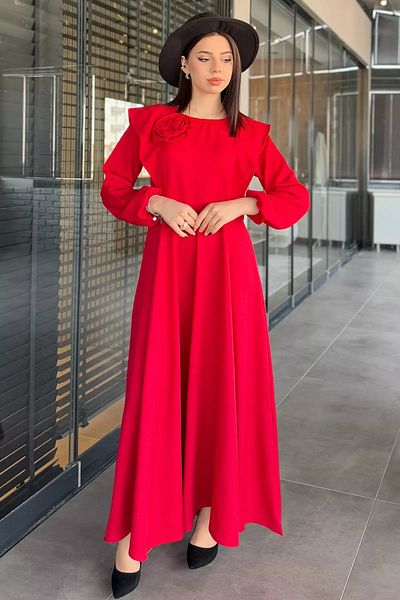 GÜLSELİ Red Rose Detailed Hijab Flared Dress