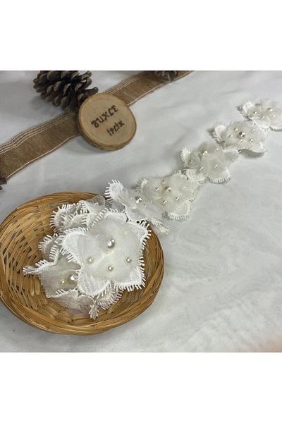 Bukle İplik Lily Flower Patterned Fringed Decorative Ribbon with Pearl and Tulle Detail (5.5 cm Diameter) - 1 Meter
