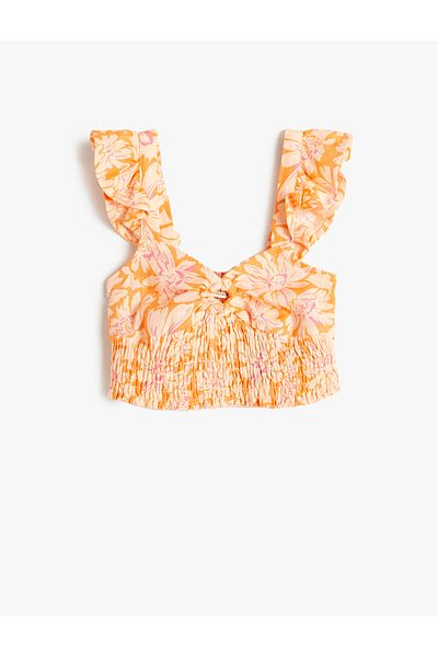 Koton Sleeveless Crop Blouse - Floral and Gipe Detail Linen