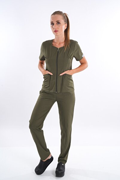 Nur Medikal Giyim Culoare verde kaki, model Lily, cu fermoar, din lycra moale...