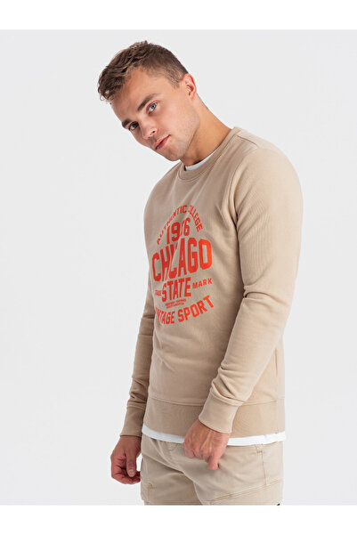 OMBRE Pánská rozepnutá mikina s kolegiálním potiskem - písková V1 OM-SSPS-0154 M