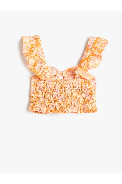 Koton Sleeveless Crop Blouse - Floral and Gipe Detail Linen