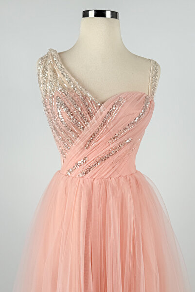 Lenta Moda Pudra Dantel Omuz Detaylı  Midi Boy Abiye Ve Gece Elbisesi