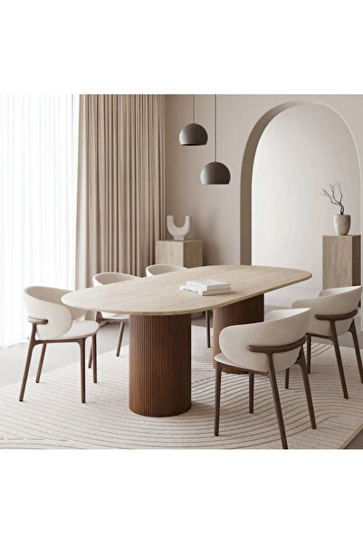 Sümeyra Marble Art LARS - Doğal Traverten Yemek Masası | Ahşap Ayaklı | 90*190cm |