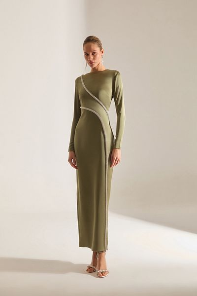 BETTY & SAM Candice Rhinestone Long Sleeve Khaki Evening Gown