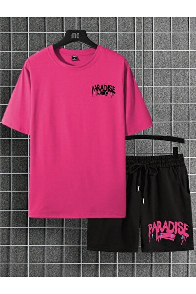 Derays Paradise Back and Front Printed Colorful Comfortable Fit Bottom Top Men's Crew Neck Suit