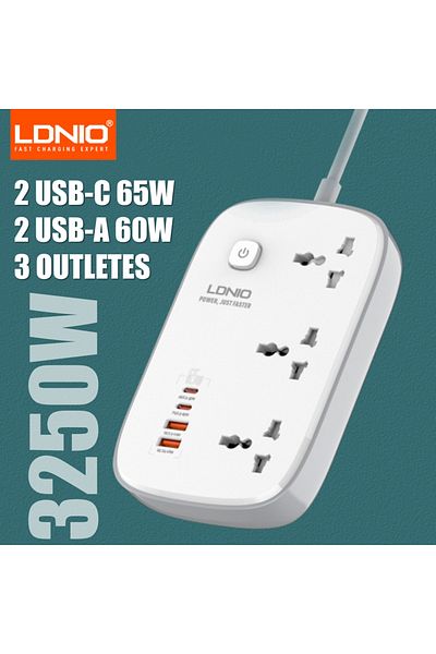 Choice مقبس المملكة المتحدة LDNIO 65 وات شريط طاقة مزود بـ 3 منافذ عالمية و4 منافذ USB ومقبس طاقة بطول 2 متر Bold E