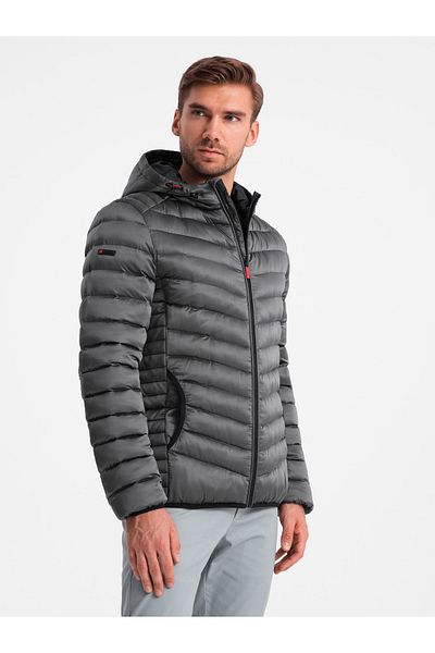 OMBRE Leicht isolierte Steppjacke für Herren mit Satinbesatz - Graphit V14 OM-JALP-0180 S