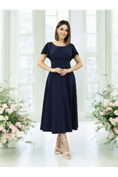 FaBe Fashion KAYIK YAKA KOLLARI VOLANLI SIRTI V MİDİ KREP ELBİSE Nikah-nişan-söz-mezuniyet