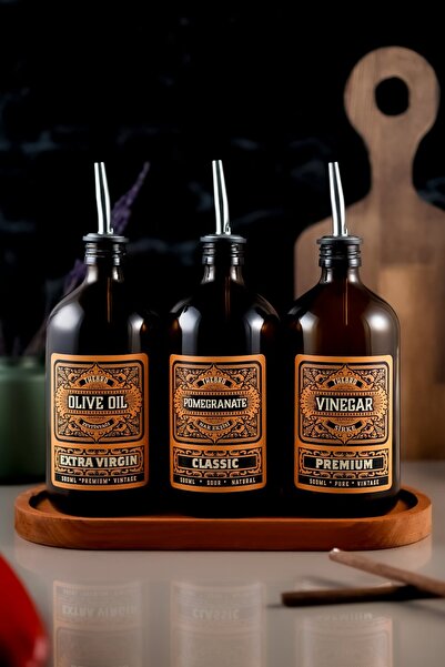 TheBRo 500ML Amber Renkli Ahşap Stantlı Zeytinyağ, Narekşisi,Sirke Şişesi Vin...