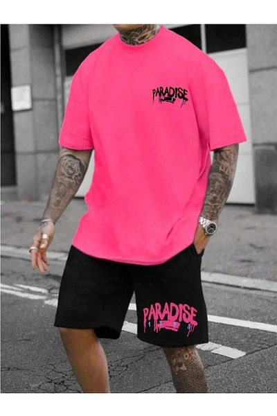 Derays Цветен, удобен мъжки комплект с кръгло деколте с щампа Paradise отзад и отпред