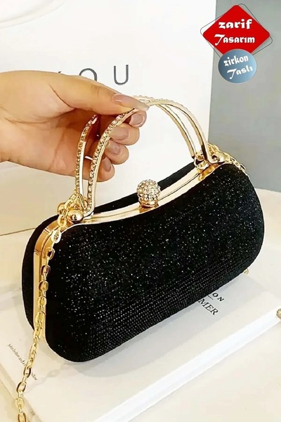 Famels İthal Abiye Kumaş Parlak Abiye Çanta Zirkon Taşlı Şık Ve Zarif , Portföy El ve Kol Çantası