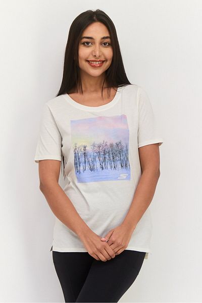 SKECHERS Women Sportswear Fit Short Sleeve Outdoor Top, Off White Combo