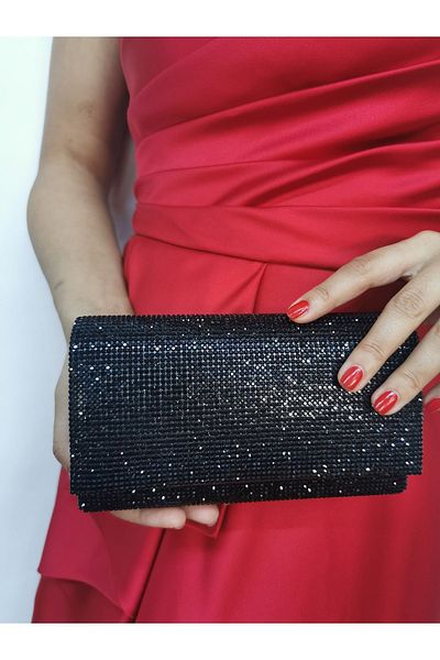 NAZART Γυναικείο πέτρινο μαύρο βραδινό φόρεμα Clutch Chain Strap Hand Wedding Engagement Night Shoulder Bag
