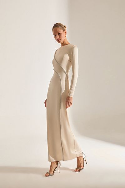 BETTY & SAM Candice Jeweled Long Sleeve Ecru Evening Gown