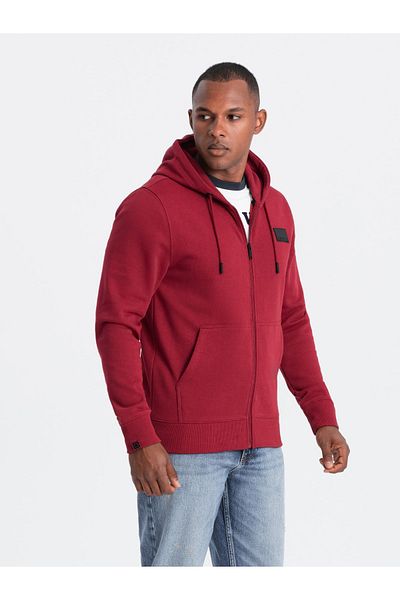 OMBRE Unzipped men's sweatshirt with hood and patch - red V3 OM-SSZP-0140 L