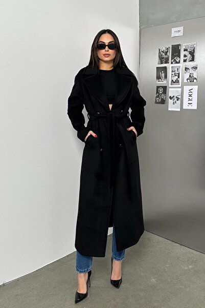 Olcay Μαύρο Oversize Παλτό με Λεπτομέρεια Κεντήματος - 3085