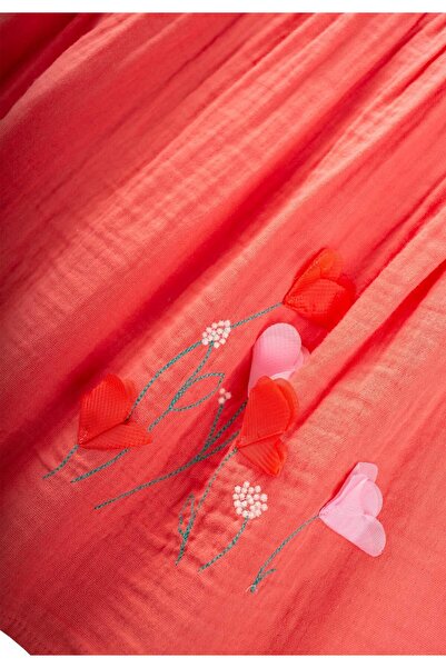 Cigit Organik Çiçek Nakışlı Elbise 1-6 Yaş Mercan