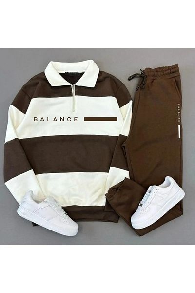 NO 601 Unisex Brown Balance Printed Five Piece Stand Collar Sweat Coffee Sweatpants Set