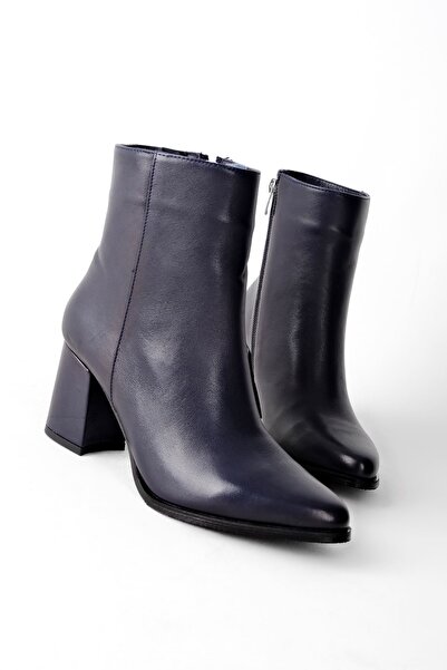 Lal Shoes & Bags Lally Kadın Hakiki Deri Fermuarlı Topuklu Bot-Lacivert