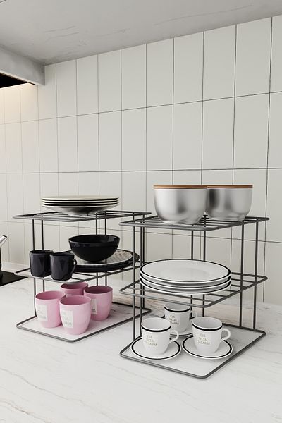EVA METAL TASARIM 3-Tier Gray Cabinet Plate Rack - 2 Kitchen and Countertop Organizer Shelves