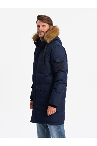 OMBRE Pánská dlouhá teplá bunda parka s kapucí - tmavě modrá V1 OM-JALJ-0182 S