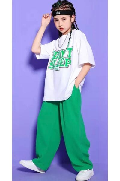 NoVibe Kids I'Dont Sleep Printed White Tshirt Green Tracksuit Short Sleeve Summer Girl's Tracksuit Set