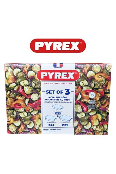 Pyrex مجموعة محمصة مستطيلة مكونة من 3 قطع (2.1 لتر + 2.9 لتر + 3.8 لتر) - آمنة للاستخدام في الفرن والميكروويف والفريزر وغسالة الأطباق