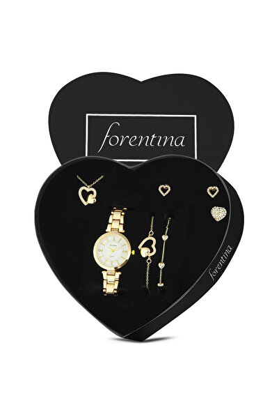 Forentina Gold Kalpli Kolye Küpe Bileklik Yüzük Saat Hediye Takı Seti PS3911