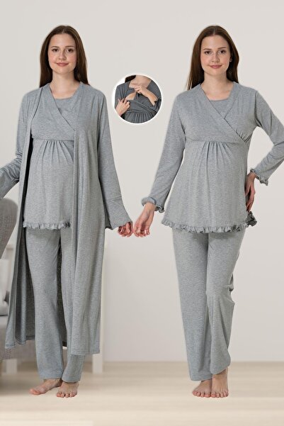 Pelin Kadın Gri Lohusa Hamile Emzirme Özellikli  Sabahlıklı 3'lü Pijama Takımı