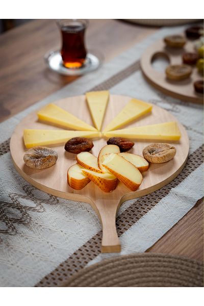 Zevahir Mobilya Dekorasyon Round Presentation and Cutting Board with Wooden Handle, Vegetable, Fruit and Cookie Plate for Breakfast and Serving