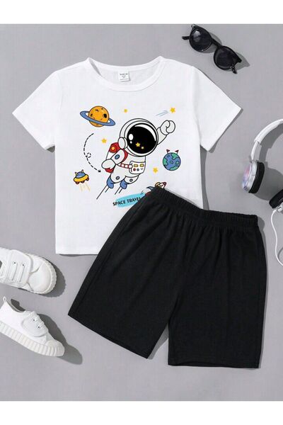 NoVibe Set de tricou cu pantaloni scurți din bumbac cu imprimeu astronaut pen...
